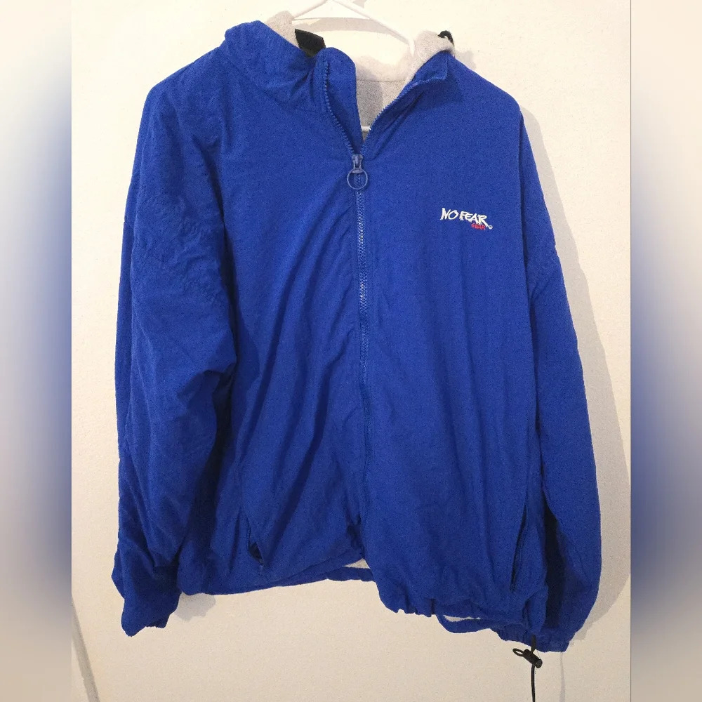 Vintage 90s y2k No Fear Jackets Hooded Mens Size XL Zip Up Blue w Gray Hood Cott